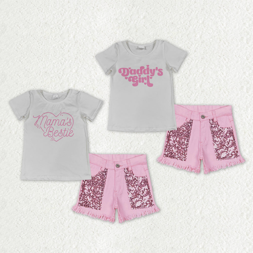 Sibling Baby Girls Dad and Mom Shirt Top Sequin Pockets Denim Short Clothes Sets