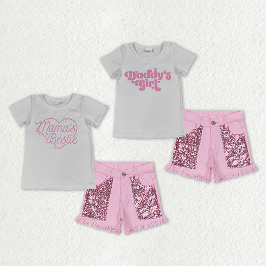Sibling Baby Girls Dad and Mom Shirt Top Sequin Pockets Denim Short Clothes Sets