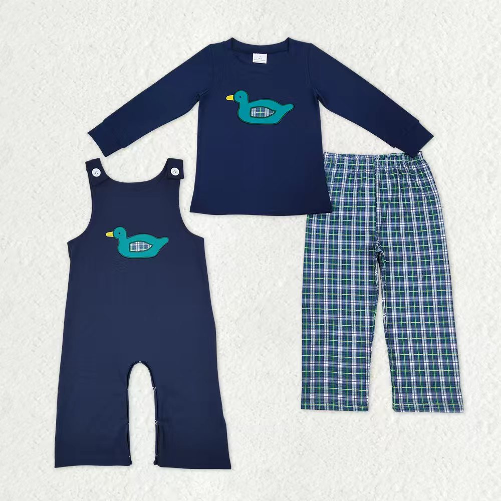 Sibling Baby Boys Embroidery Ducks Top Checked Pants Hunting Clothes Sets Pant Rompers