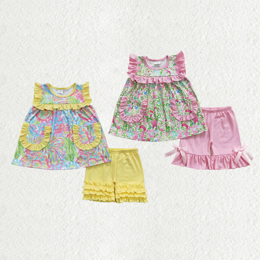 Sibling Baby Girls Sleeveless Watercolor Floral Tunic Ruffle Shorts Set