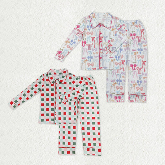 Sibling Adult Women Long Sleeve Bows Checked Button Shirts Pants Christmas Pajamas Sets
