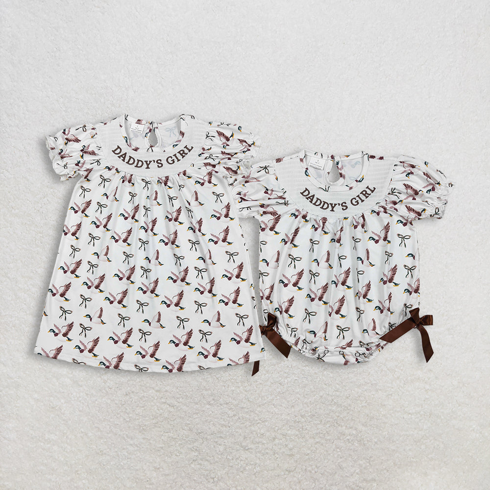 Sibling Smocked Daddy's Girl Baby Girls Bows Ducks Hunting Knee Length Dress Rompers
