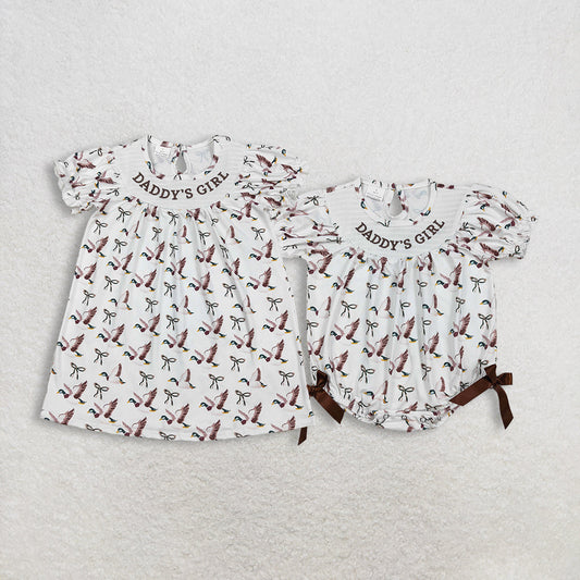 Sibling Smocked Daddy's Girl Baby Girls Bows Ducks Hunting Knee Length Dress Rompers