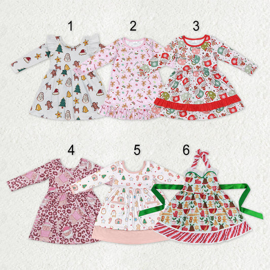 Sibling Baby Girls Gingerbread Candy Cane Christmas Ruffle Knee Length Dresses