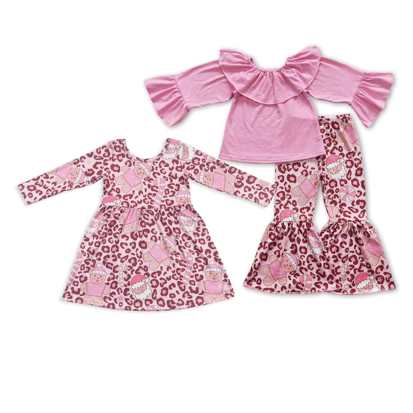 Sibling Baby Girls Leopard Santa Shirts Bell Bottom Pants Christmas Clothes Sets Knee Length Dresses