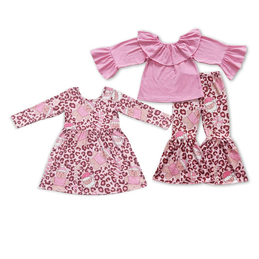 Sibling Baby Girls Leopard Santa Shirts Bell Bottom Pants Christmas Clothes Sets Knee Length Dresses