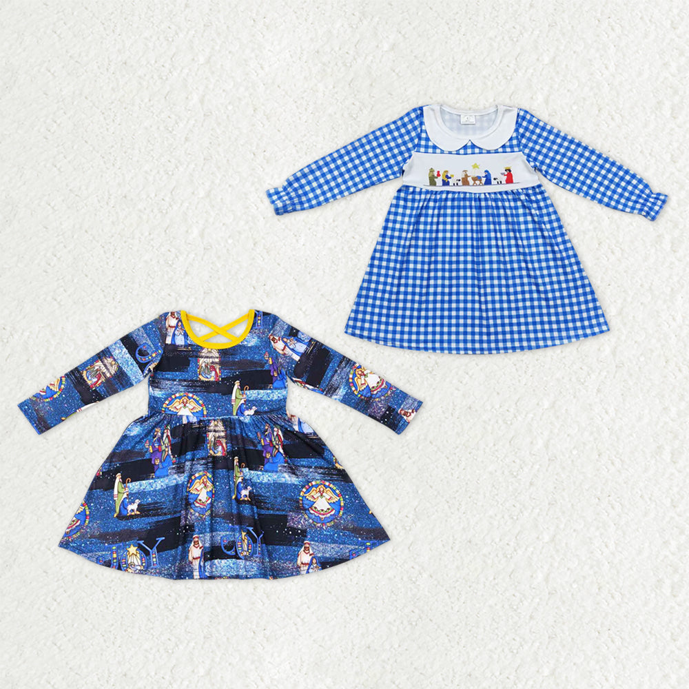 Sibling Baby Girls Blue Nativity Christmas Ruffle Knee Length Dresses