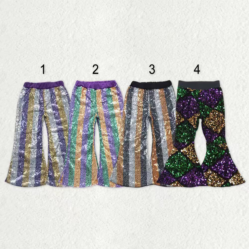 Sibling Baby Girls Mardigras Stripes Checked Flare Bell Bottom Pants