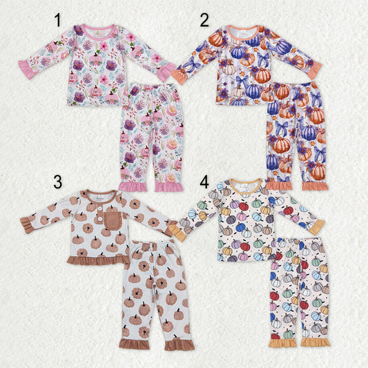 Sibling Baby Girls Pumpkins Plaid Top Ruffle Pants Fall Bamboo Pajamas Sets