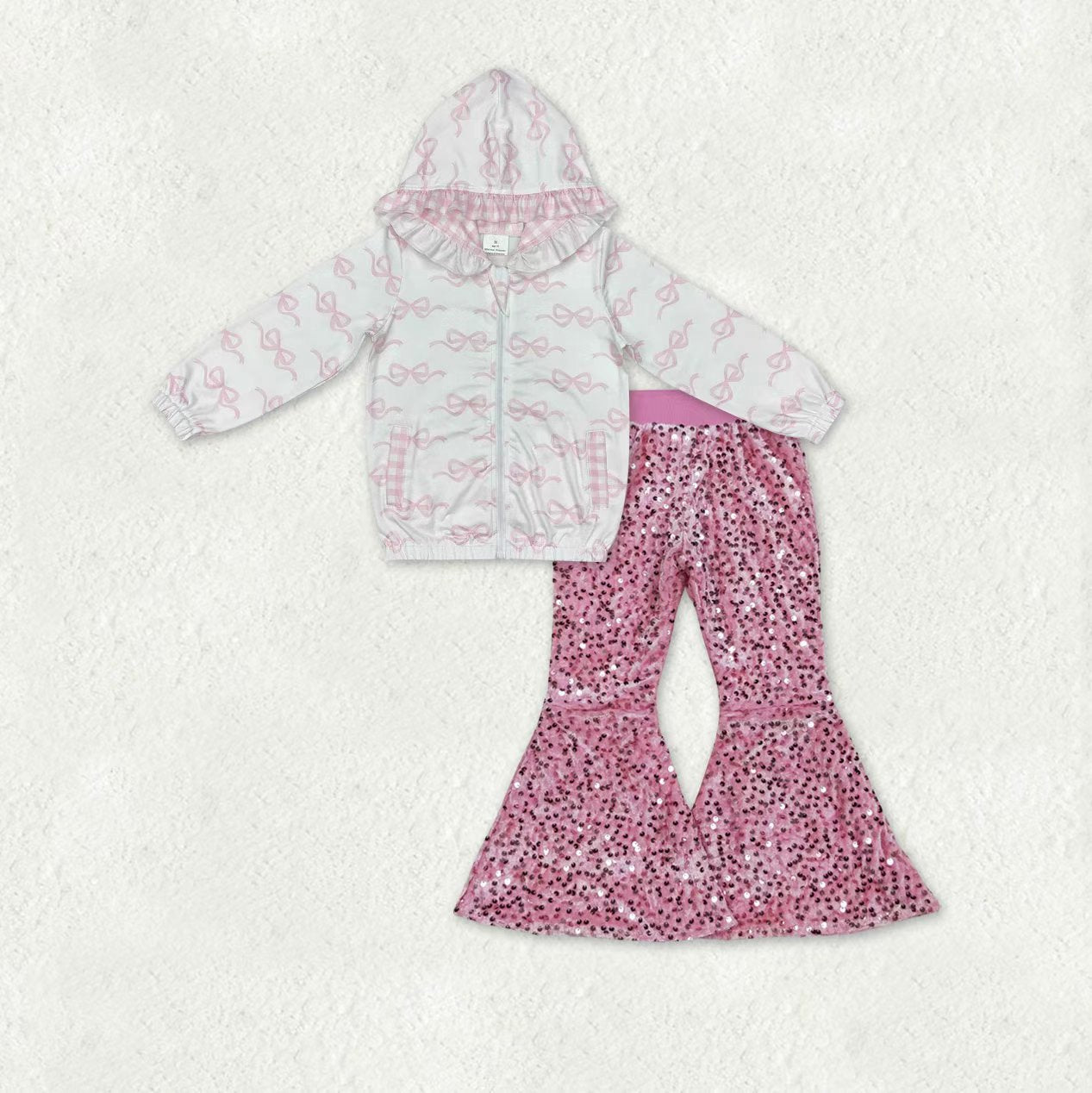 Sibling Baby Girls Bows Zipper Hoodie Jacket Sequin Denim Bell Bottom Pant Clothes Set