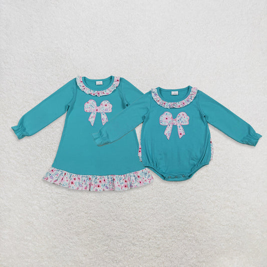 Sibling Embroidery Floral Bows Baby Girls Knee Length Dresses Ruffle Collar Rompers