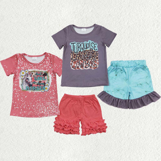 Sibling Baby Girls Western Horse Cowboy Shirts Ruffle Shorts Clothes Sets