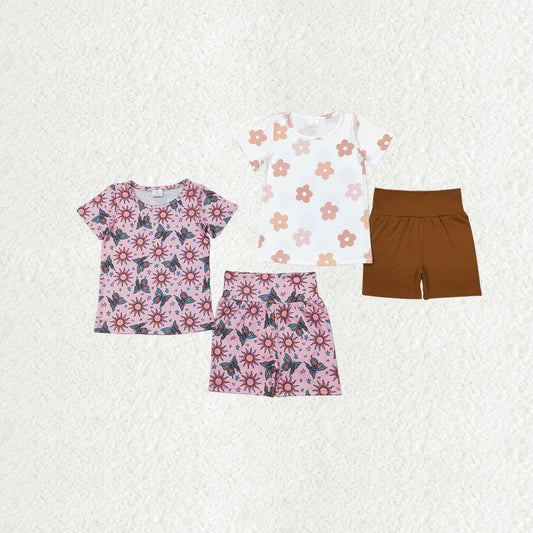 Sibling Baby Girls Short Sleeve Flowers Butterfly Tops Biking Ruffle Shorts Clothes Sets