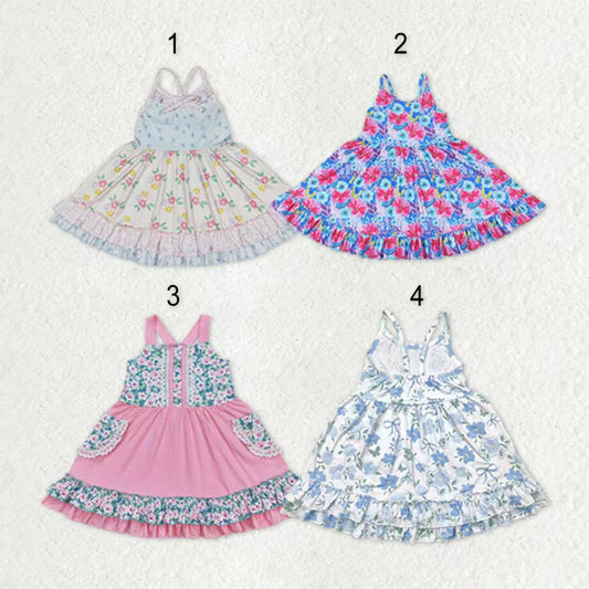 Sibling Baby Girls Strap Flowers Plaid Ruffle Knee Length Dresses