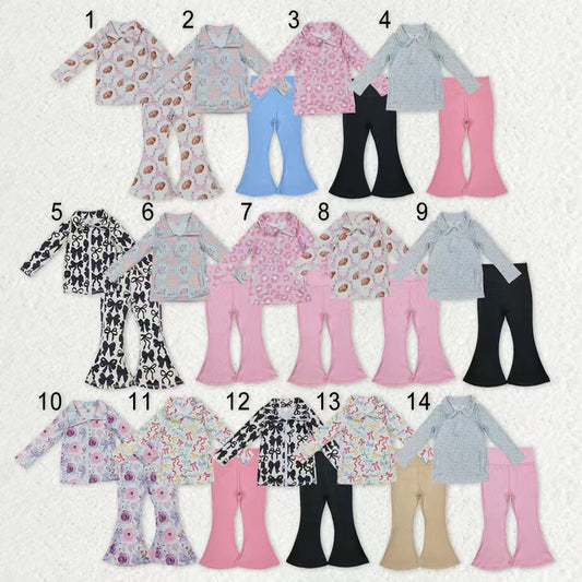 Sibling Baby Girls Long Sleeve Zipper Pockets Jackets Bell Bottom Pants Yoga Active Clothes Sets