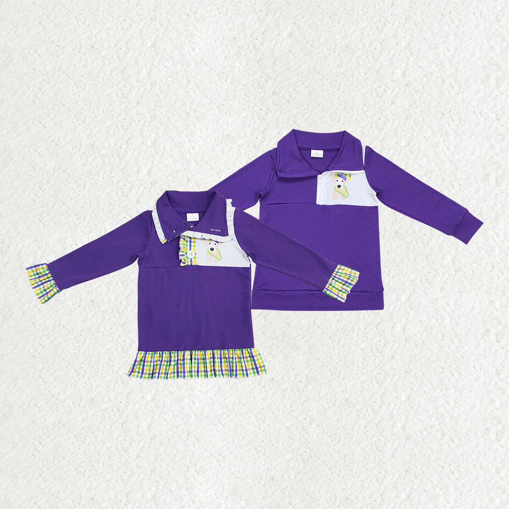 Sibling Baby Boys Girls Mardigras Dogs Zip Pullovers Tops