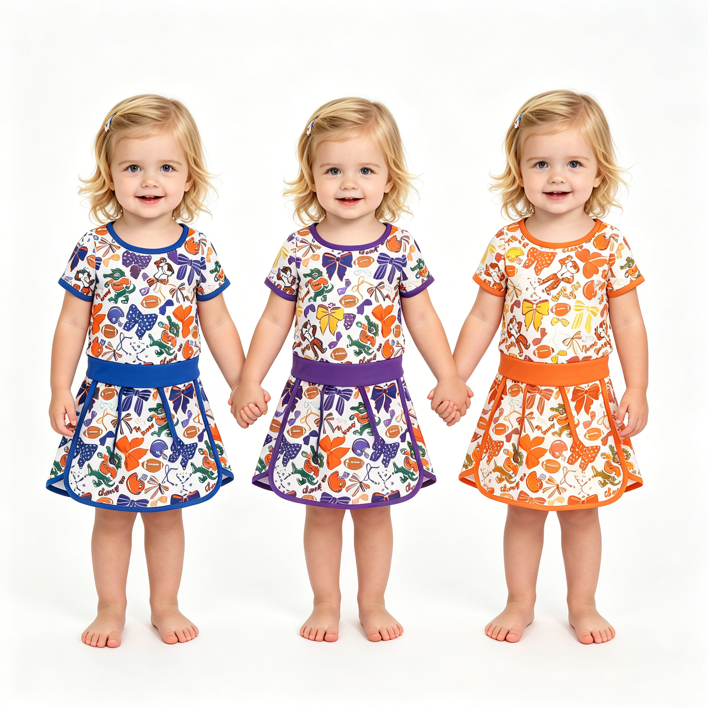 Sibling Baby Girls Short Sleeve Bows Footballs Top Skirt Shorts Team Clothes Sets