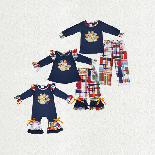 Sibling Baby Boys Girls Embroidery Turkey Long Sleeves Thanksgiving Clothes Sets Rompers