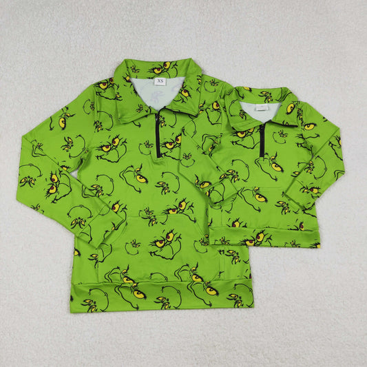 Mama and Me Green Face Plaid Pocket Zipper Christmas Pullover Tops