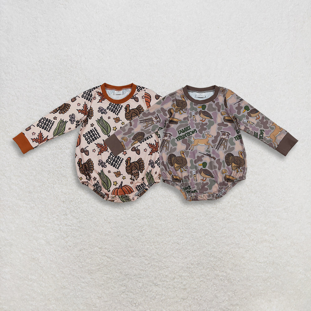 Sibling Baby Boys Brown Camo Turkey Pumpkins Thanksgiving Hunting Rompers