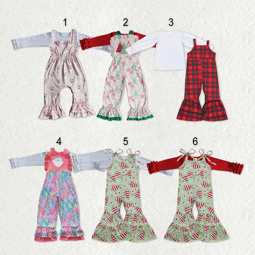 Sibling Baby Girls Santa Trees Shirts Top Ruffle Pant Jumpsuits 2 Piece Christmas Clothes Sets