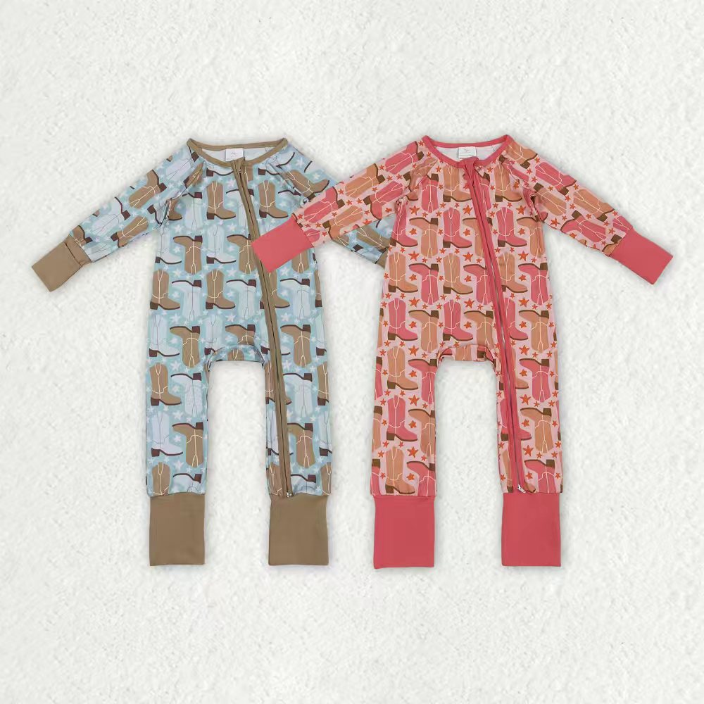 Sibling Baby Boys Girls Boots Stars Plaid Western Two Way Zip Convertible Rompers