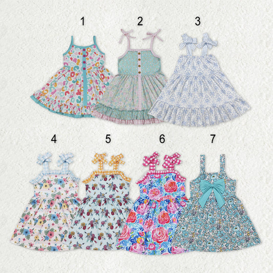 Sibling Baby Girls Straps Leopard Flowers Plaid Ruffle Knee Length Dresses