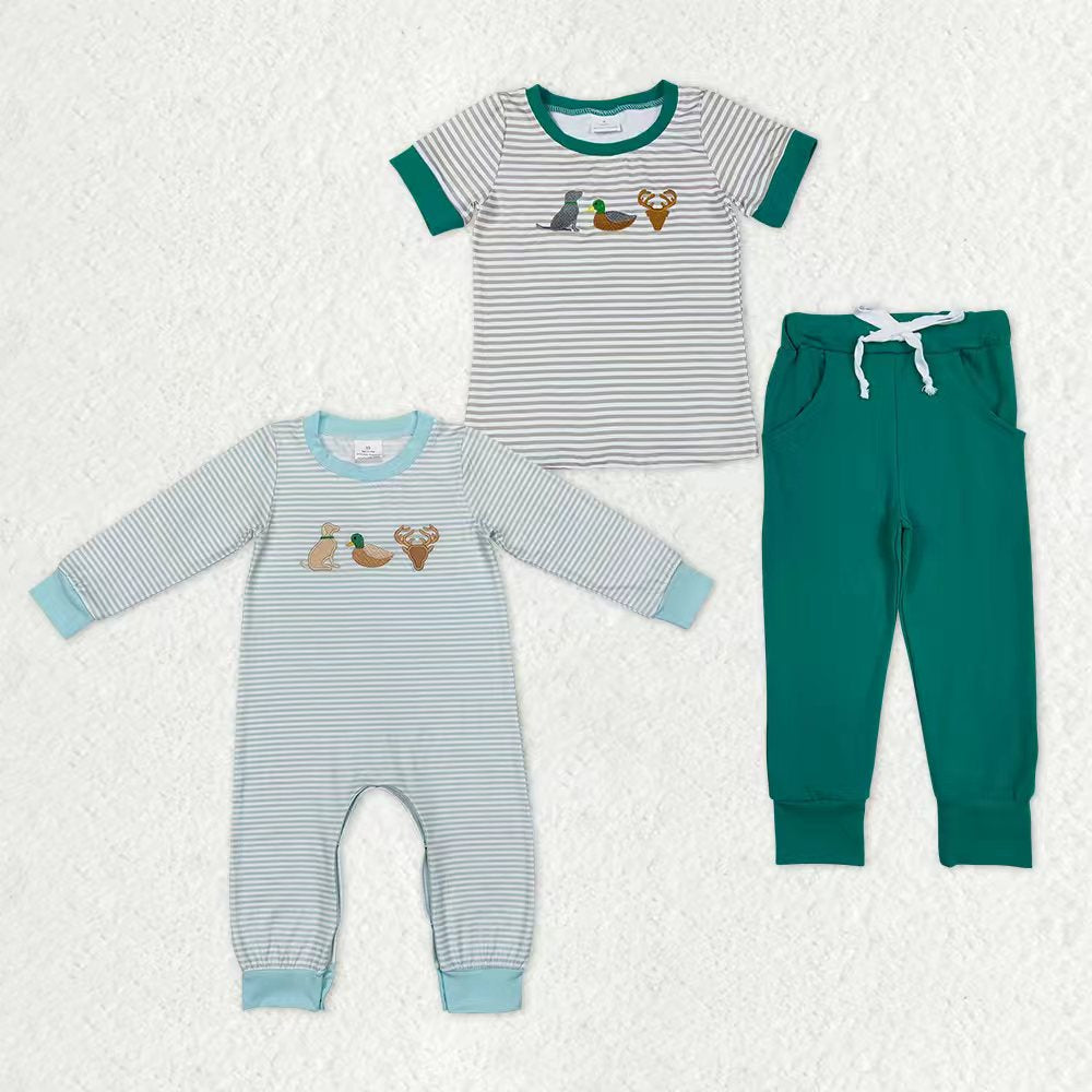 Sibling Baby Boys Embroidery Deer Dog Ducks Stripe Top Pockets Pants Hunting Clothes Sets Pant Rompers
