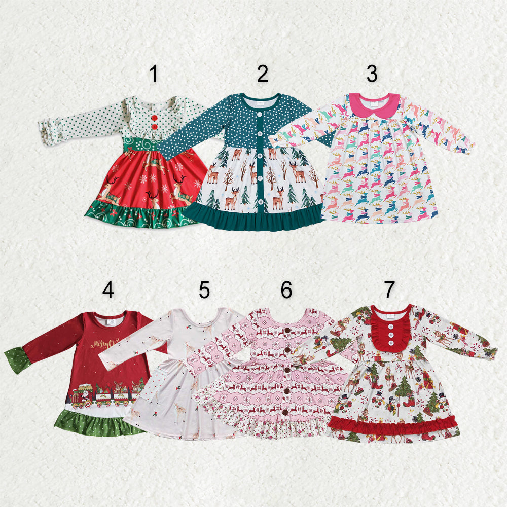 Sibling Baby Girls Deer Plaid Button Pockets Christmas Ruffle Knee Length Dresses
