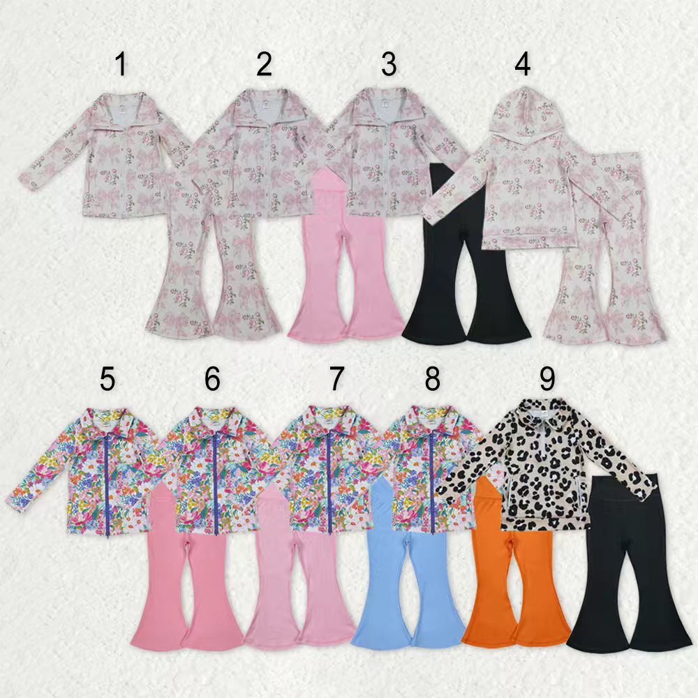 Sibling Baby Girls Long Sleeve Zipper Pockets Jackets Bell Bottom Pants Yoga Active Clothes Sets