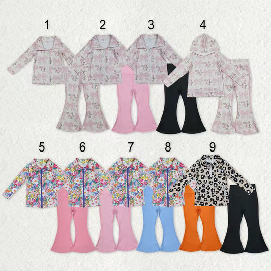 Sibling Baby Girls Long Sleeve Zipper Pockets Jackets Bell Bottom Pants Yoga Active Clothes Sets