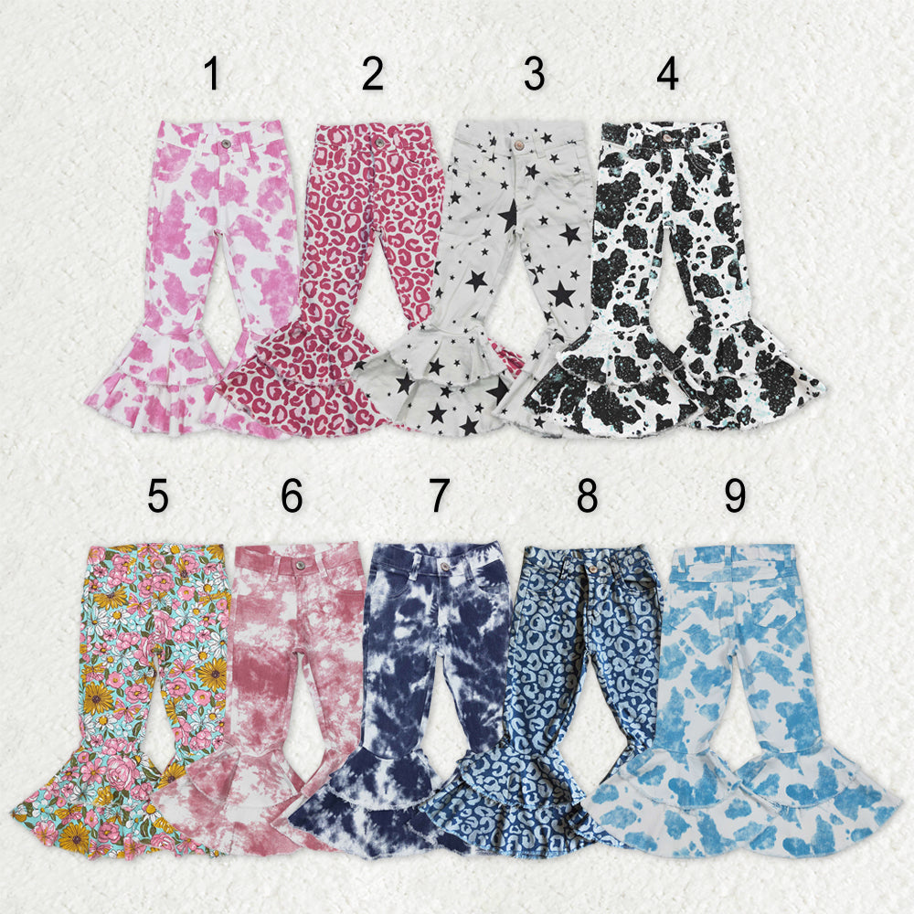 Sibling Baby Girls Leopard Camo Bell Bottom Denim Pants Jeans