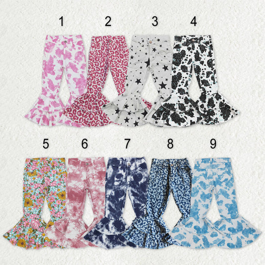 Sibling Baby Girls Leopard Camo Bell Bottom Denim Pants Jeans