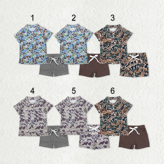 Sibling Baby Boys Camo Print Button Polo Shirts Pockets Short Western Set