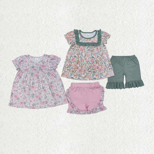 Sibling Baby Girls Spring Green Pink Flowers Rompers Clothes Suits