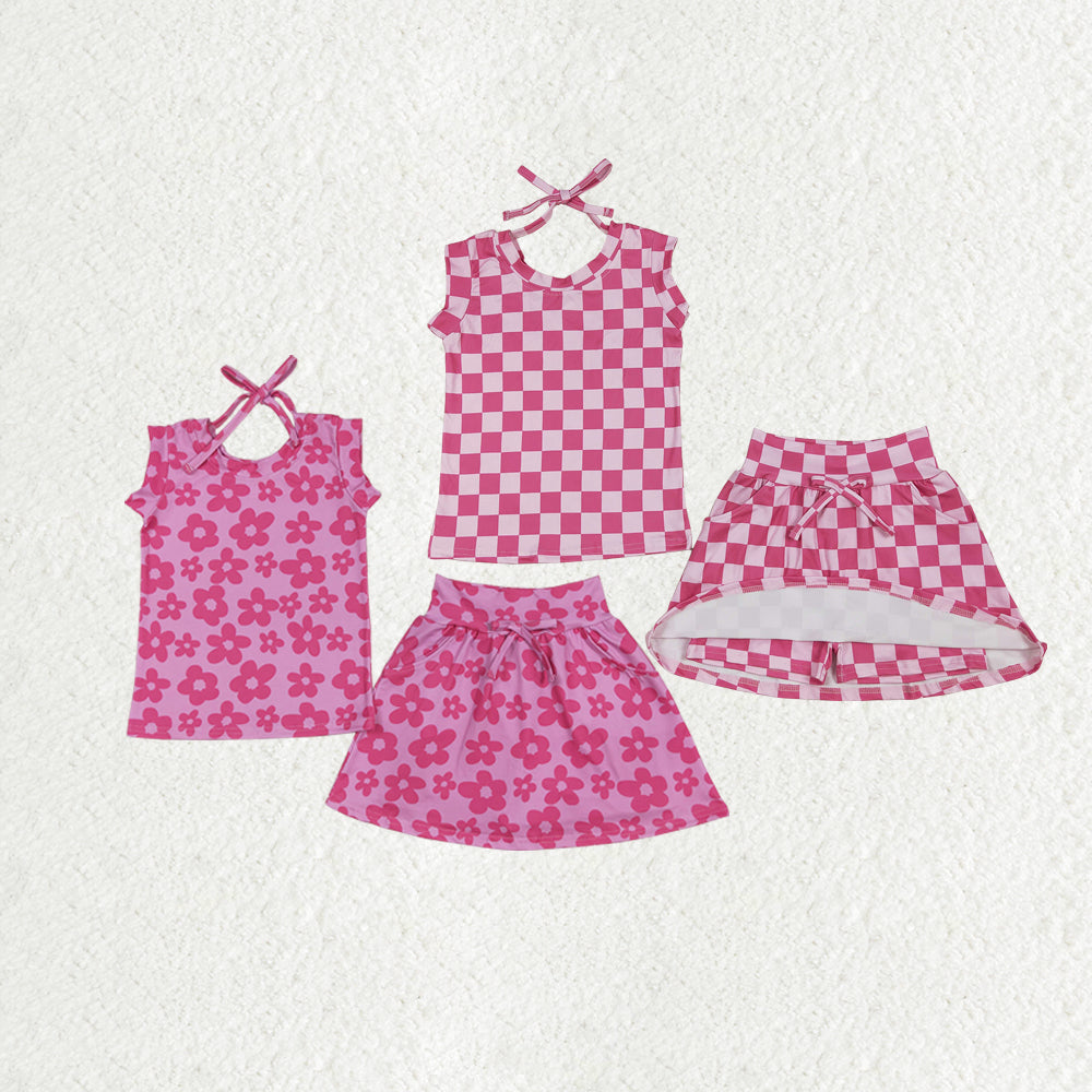 Sibling Baby Girls Pink Sleeveless Flowers Plaid Shirts Top Skorts Clothes Sets