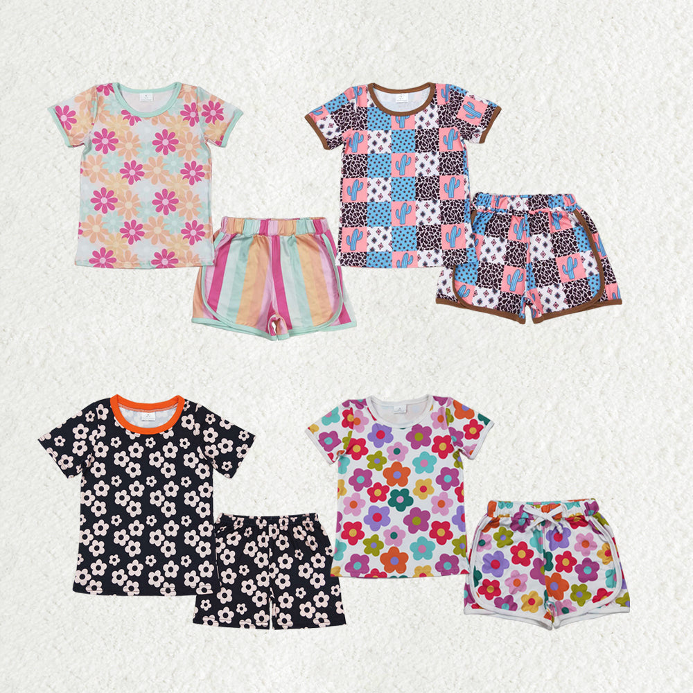 Sibling Baby Girls Flowers Plaid Tee Shirts Shorts Summer Clothes Sets
