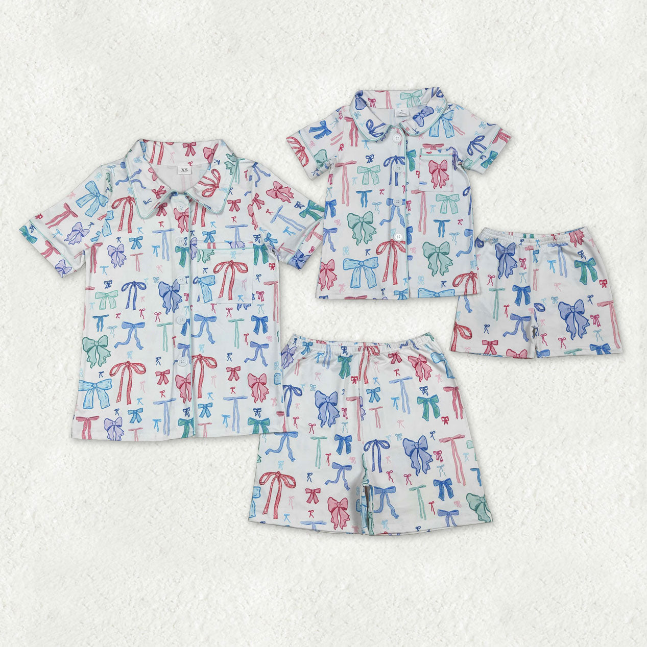 Mama and Me Colorful Bows Pocket Button Top Shorts Pajamas Sets