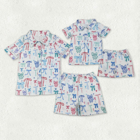 Mama and Me Colorful Bows Pocket Button Top Shorts Pajamas Sets