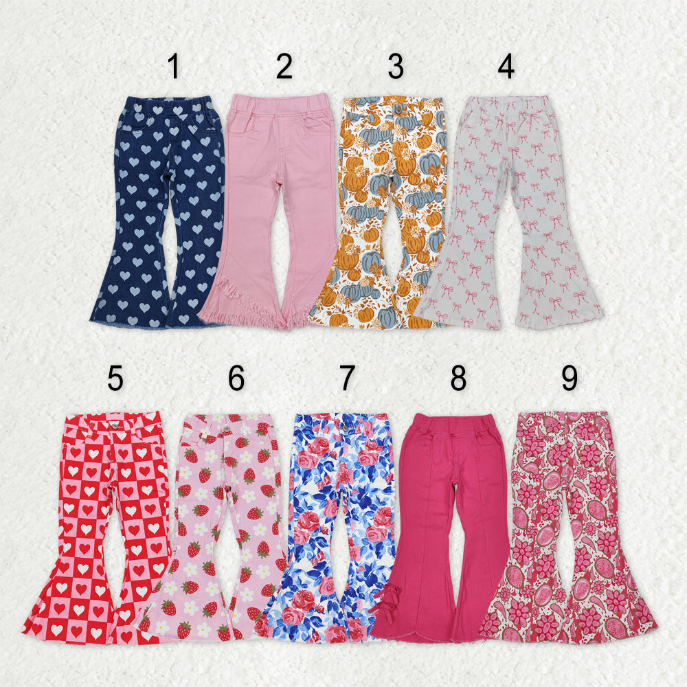 Sibling Baby Girls Hearts Flowers Bell Bottom Denim Pants Jeans