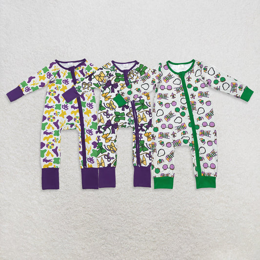 Sibling Baby Boys Girls Long Sleeves Mardigras Two Way Zip Convertible Rompers
