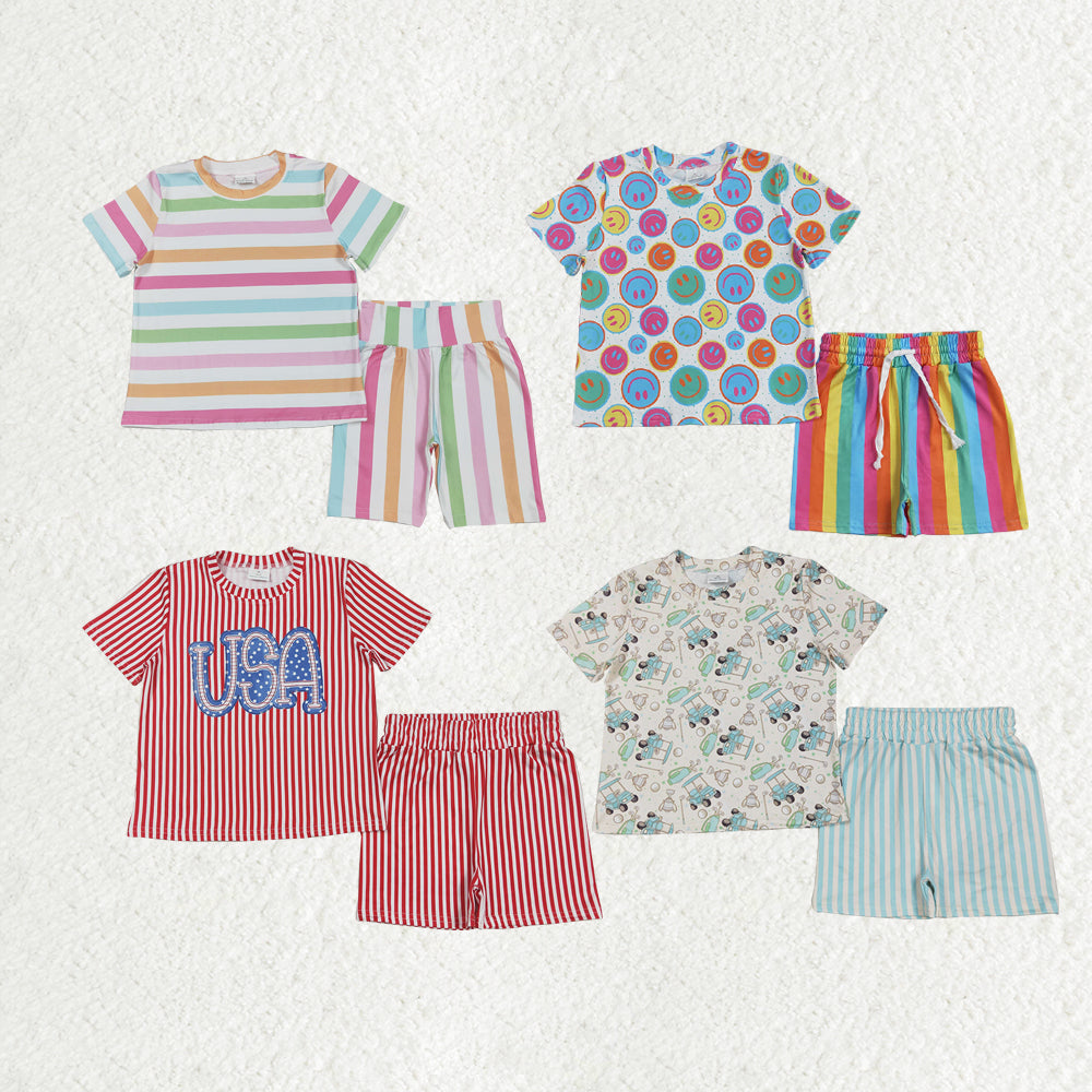 Sibling Baby Girls Short Sleeves Smiles USA Stripe Top Short Pajamas Sets