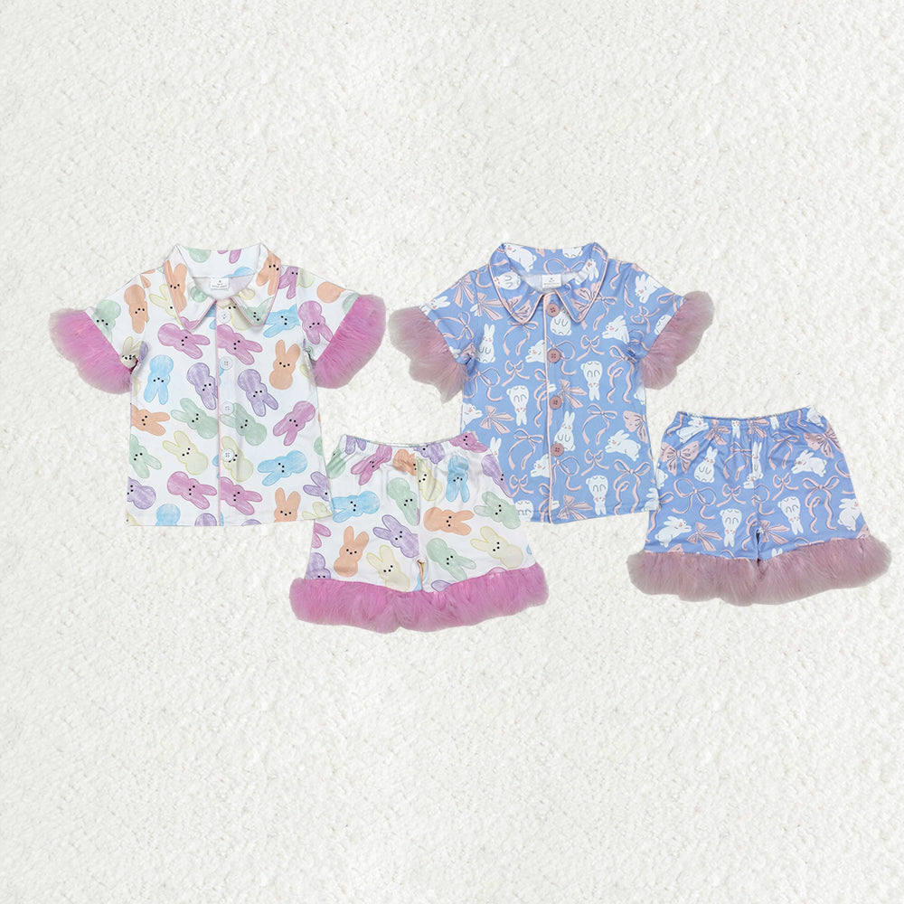 Sibling Baby Girls Easter Rabbits Bows Fur Shirts Shorts Pajamas