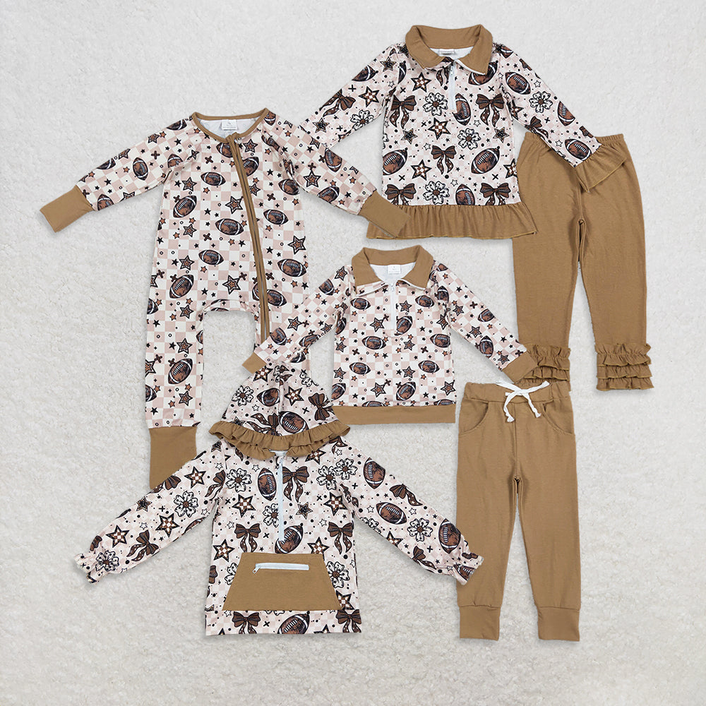Sibling Baby Boys Girls Khaki Checked Footballs Pullovers Pockets Pants Team Clothes Sets Zipper Footie Rompers