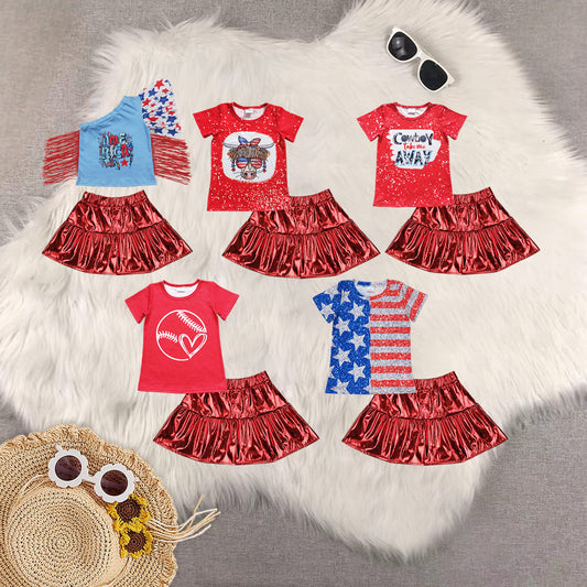 Sibling Baby Girls Short Sleeves Cow Stars Top Red Leather Skirts Western 4th Of July Sets