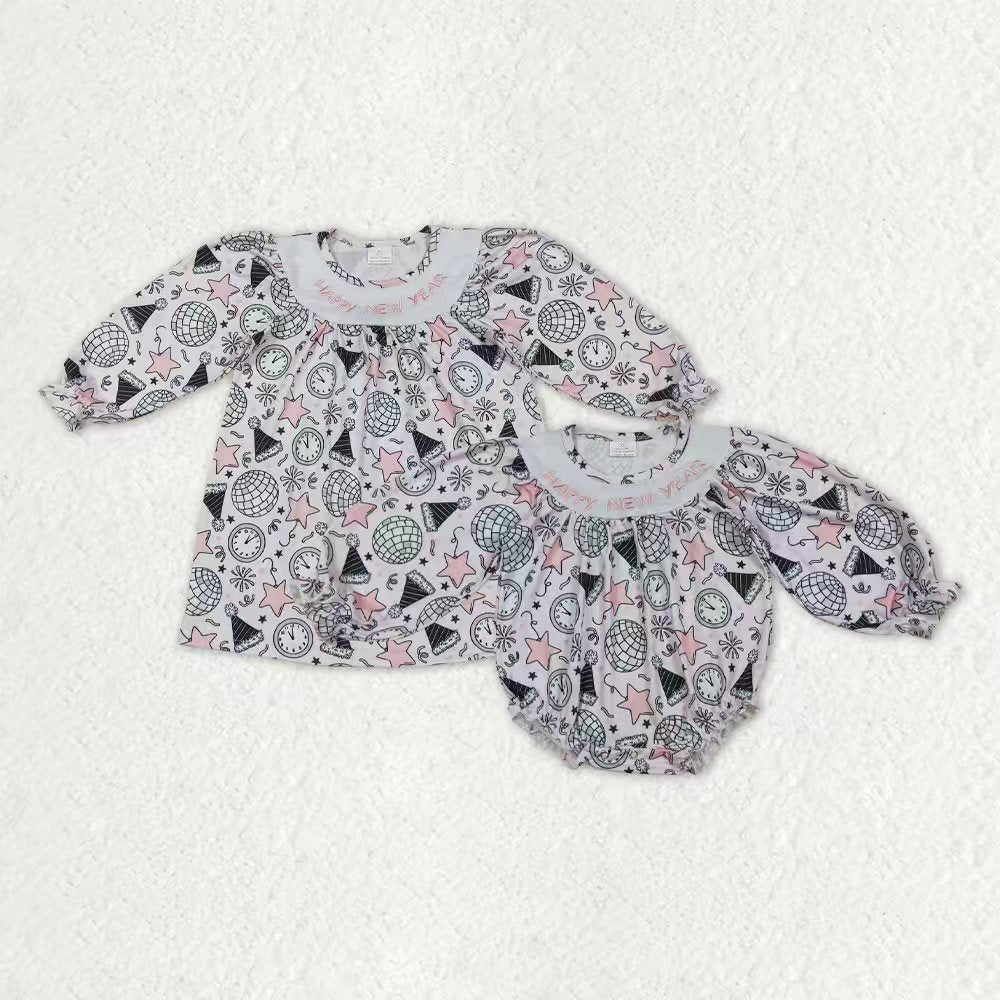 Sibling Embroidery Happy New Year Baby Girls Knee Length Dresses Ruffle Rompers