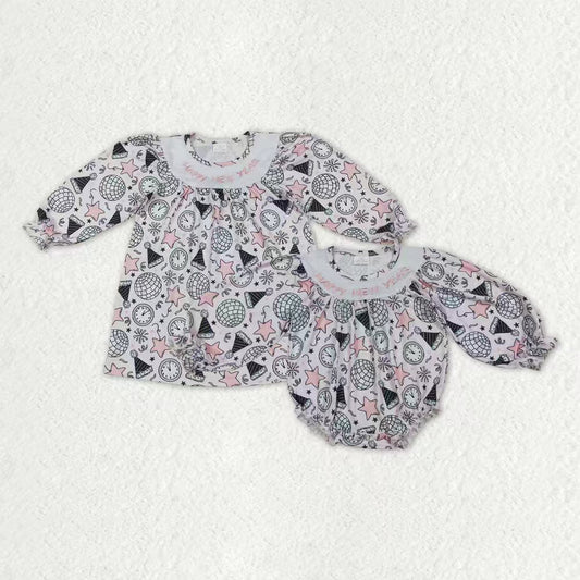Sibling Embroidery Happy New Year Baby Girls Knee Length Dresses Ruffle Rompers