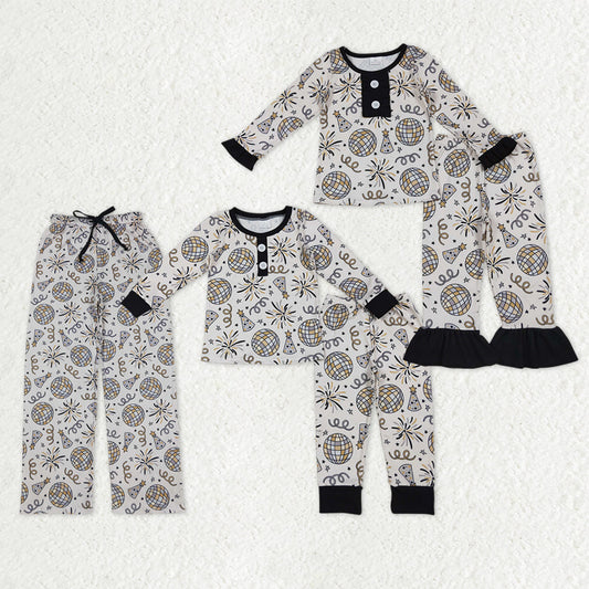 Mama and Me Fireworks Stars Button Ruffle Pants Happy New Year Pajamas Sets Pants With Belt
