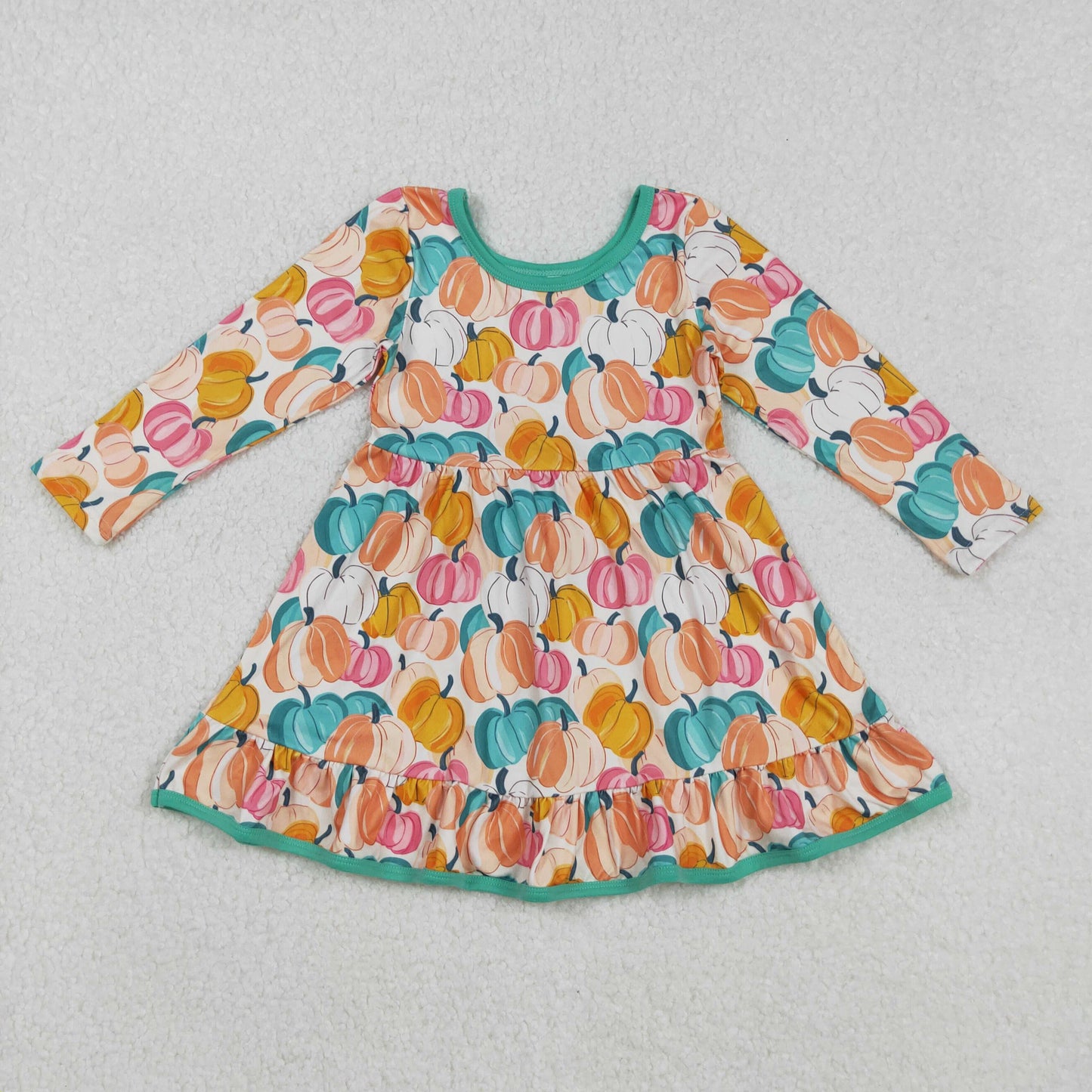 Sibling Baby Girls Green Orange Pumpkins Fall Pajamas Sets Rompers Knee Length Dresses