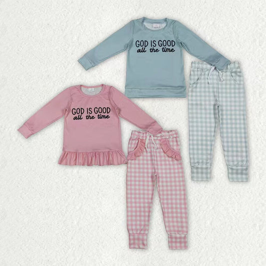 Sibling Baby Girls God is Good Top Pockets Checked Legging Pants Clothes Sets